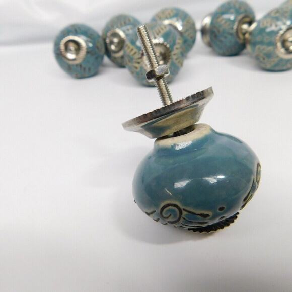 Casa Decor Ceramic DRAWER PULL KNOBS CABINET Blue Silver Handmade India-Set of 8 - Picture 5 of 5